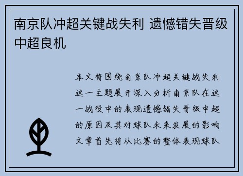 南京队冲超关键战失利 遗憾错失晋级中超良机 南京队冲超关键战失利 遗憾错失晋级中超良机